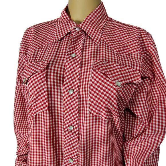 Ranchwear H Bar C Red White Checker Plaid Button Up Shirt Pearl Snaps  Size 16.5 - Picture 1 of 11